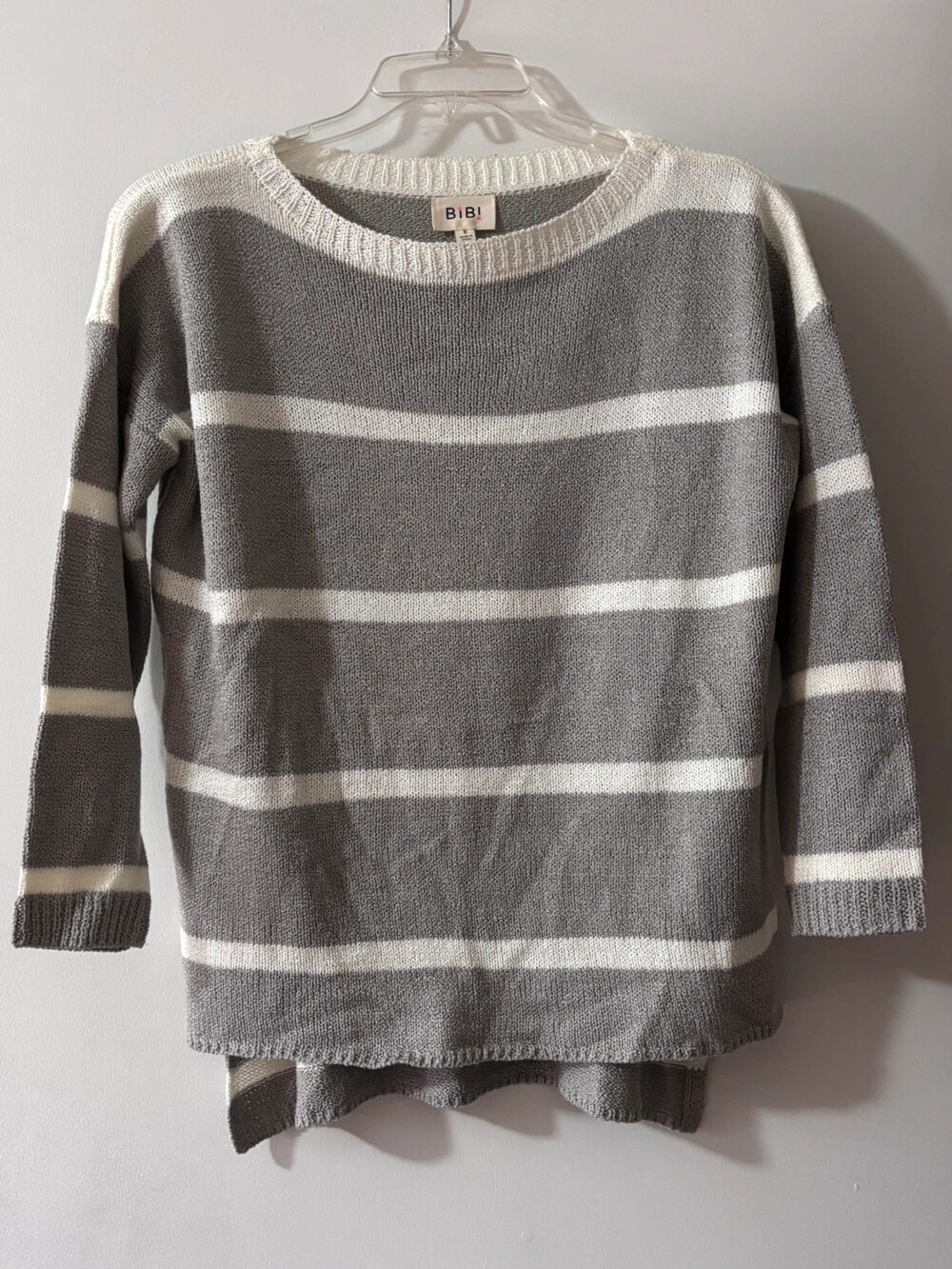BiBi Striped Knit High-Low Sweater Size Small Grey White